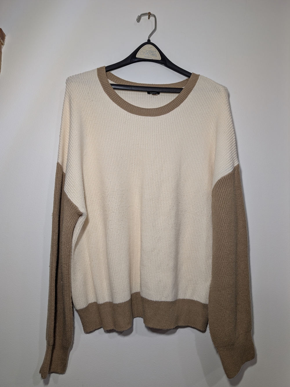 Express Cream Crew Neck Sweater Tan Sleeves Boxy Oversized Fit Women's LG